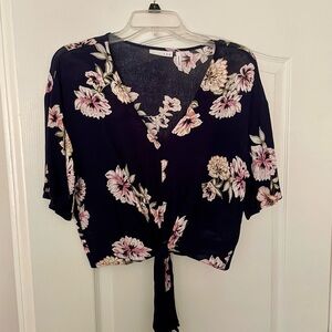 Navy Floral Wrap Blouse